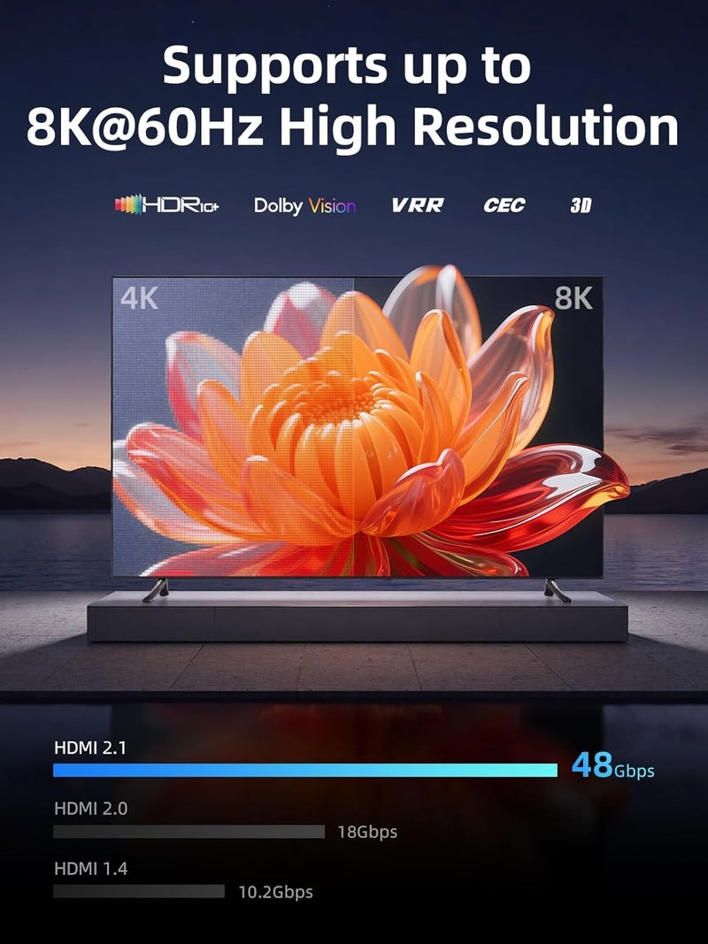 llano HDMI 2.1 Switch 3 in 1 Out, 8K@60Hz with Remote, 4K@120Hz/240Hz, VRR, HDR10+, Dolby Atmos, CEC, 48Gbps,HDMI Switcher for PS5, Xbox, Switch, Roku, Fire Stick, Apple TV, Aluminum Alloy Case - Image 4